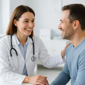 Doctor speaking with male patient in a clinic.
