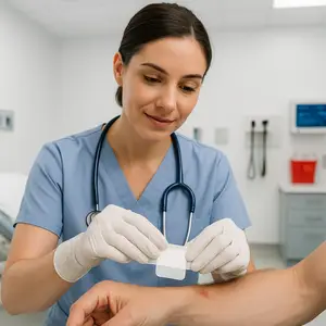 A woman doctor is applying a bandage to a man's arm in a hospital room.