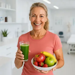 A smiling woman is holding a glass of green juice and a bowl of fruits.
