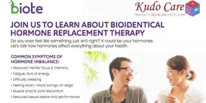 An advertisement poster for Biote hormone replacement therapy with a man and woman discussing symptoms of hormone imbalance.