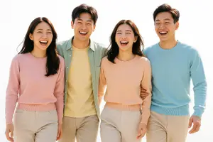 Four people standing together smiling at the camera, two women in pink and two men in yellow and blue sweaters, all wearing beige pants