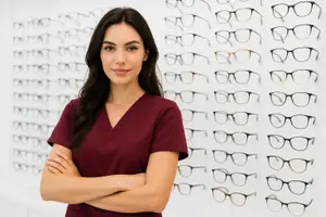 A woman standing in front of a wall of glasses at an optometrist's office