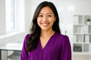 East Asian woman with black hair and a purple shirt smiling in an office setting