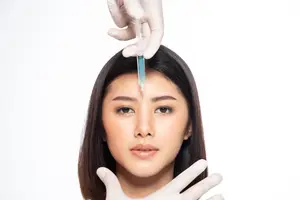A young woman is having her forehead treated with a syringe by a person wearing gloves.
