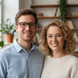 A smiling couple in glasses posing for a photo in a room with bookshelves and plants