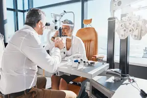 A man is examining a woman's eyes with a machine in an office room.