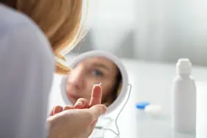 A woman is putting on a contact lens and looking at herself in a mirror.