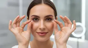 Woman examining a contact lens while smiling at the camera