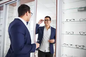 A man is adjusting his glasses while looking in a mirror in an eyeglasses shop.