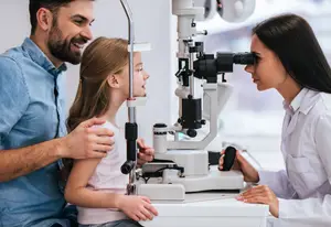 A woman doctor examines a young girl's eyes while the girl's father looks on.
