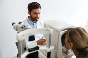 A man doctor and a woman patient in an eye exam room with a microscope.