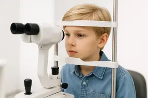 A young boy with blond hair wearing a blue shirt is having an eye exam in a white room with a metal eye exam machine.