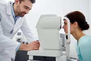 An ophthalmologist examining a woman's eyes using an ophthalmoscope.