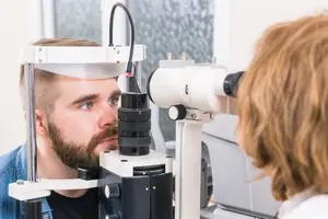 Man having his eyes checked by an optometrist in a clinic