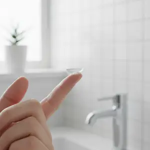 Person holding a contact lens in their finger over a bathroom sink.