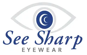 See Sharp Eyewear logo featuring a stylized eye with a crescent moon inside