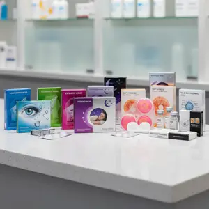 A counter in a store is stocked with various eye care products, including boxes of contact lenses and a box with the text 'Daily Disposables', 'Extended Wear', 'Soft Hydrogel', and 'Rigid Gas Permeable'