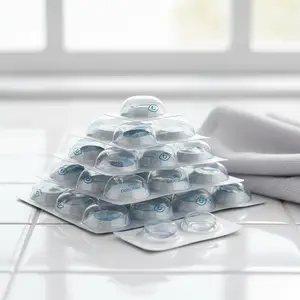 A stack of clear contact lenses with blue writing, and a white towel on the side.