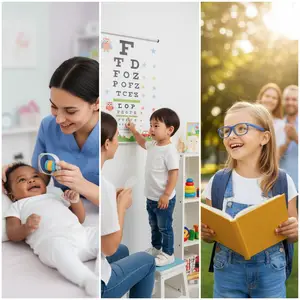 A woman holds a baby and uses a visual testing tool, a child points at an eye chart, and a girl reads a book outside.