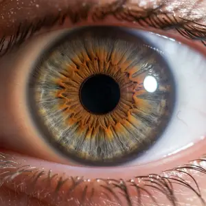 A close up of a human eye with brown and blue iris.