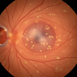 Fundus image showing retinal veins with scattered yellowish deposits and a central area with mild discoloration.