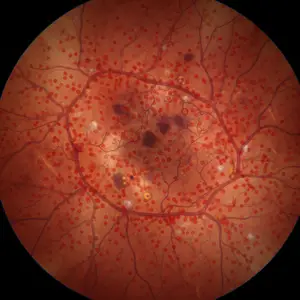 Fluorescein angiogram of the retina with numerous dots and vascular abnormalities.