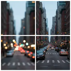 A blurry photo of a city street with cars and buildings in the background. The image is divided into four sections, each showing a different perspective of the street. The top left section is the most blurry, while the bottom right section is the clearest. The street is lined with buildings on both sides, and there are cars and street lights visible. The sky is overcast, and the overall mood of the image is somewhat gloomy.
