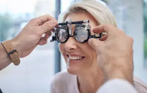 A smiling woman tries on an optometrist's trial glasses.