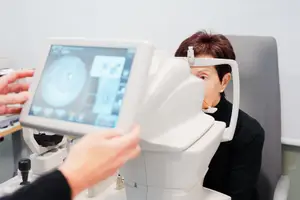 An elderly woman undergoing an eye examination in a clinic.