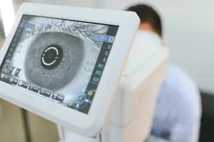 A man undergoing an eye exam with a close-up of an eye on a monitor screen showing measurements.