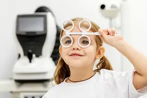 A girl wearing eye testing glasses and smiling in a clinic.