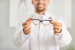 A man wearing a white coat is holding a pair of glasses in his hands