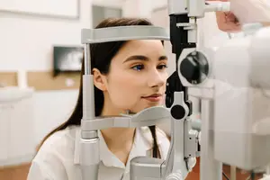 A woman is undergoing an eye examination at an optometrist's office, looking into a machine.