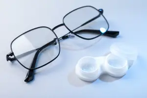 Black framed glasses with lenses and two lens cases with lids on a white surface