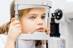 A young girl with brown hair is looking through an eye examination machine, likely in a clinic.