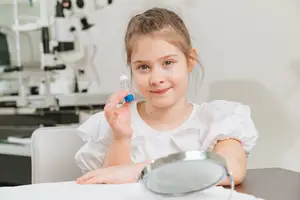 A young girl is holding a test tube with a blue cap in an optical shop