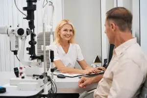 A woman optometrist smiles at a patient in an exam room