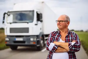 A smiling man in glasses is standing in front of a white truck in a field