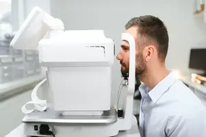 A man using an auto refractometer in a clinic