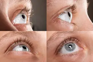 Close-up of a woman's eyes before and after applying contact lenses.