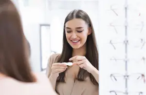 A woman in a room with glasses on a rack is smiling and looking at something in front of her.