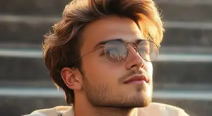 Man with brown hair and beard wearing sunglasses and a white shirt standing on concrete steps