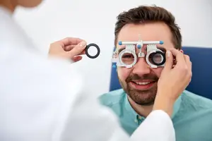 A man is getting his vision checked by a doctor