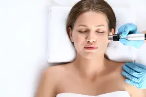 A woman is receiving a facial treatment in a salon, she is lying on a bed with a towel and the person is performing the treatment with a facial tool.
