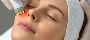 A woman is getting a facial treatment with a red light device