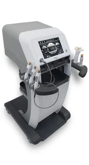 An image of a gray and white machine with a digital screen and multiple tubes attached to it on a white background