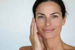 A woman with short black hair smiling and posing for a photo while touching her cheek with her left hand.