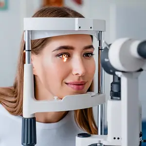 A woman with brown hair is looking through an ophthalmoscope, probably at an eye clinic