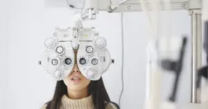 Woman having her eye sight checked by a doctor
