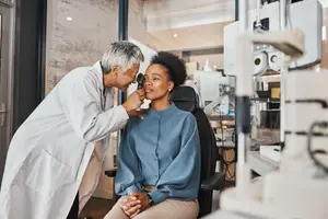 A woman is sitting on a chair in front of a doctor who is examining her eye with an ophthalmoscope